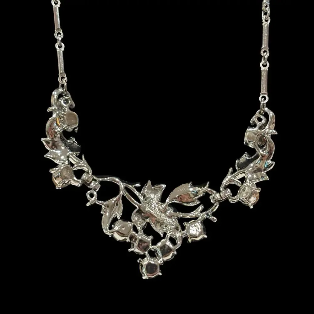 Vintage Coro Clear Rhinestone Leaf Necklace Silver Tone Rhodium Mid Century 16